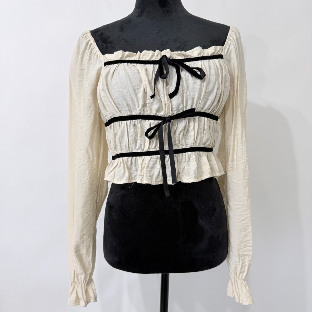 Thirty Thirty Milkmaid Smocked Crop Top Med. Cream‎ Black Bows Ren Faire Peasant